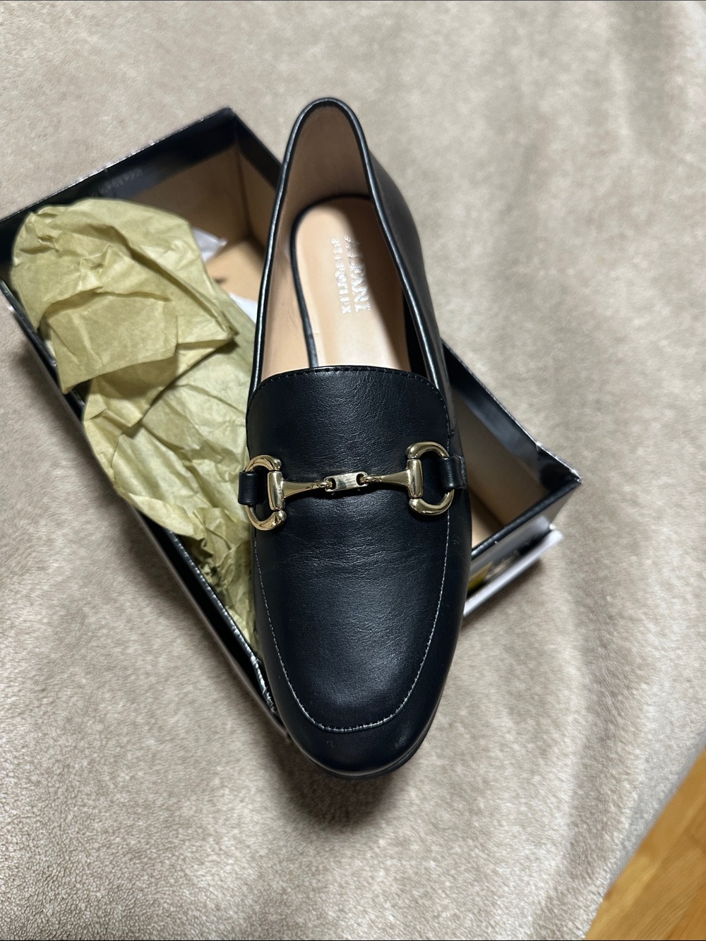 NIB Woman’s Black Leather Slip-On Loafer with Gold Bit